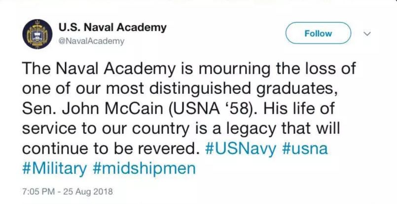 美国将为麦凯恩举行国葬 他将长眠于海军学院 美国将为麦凯恩举行国葬 他将长眠于海军学院